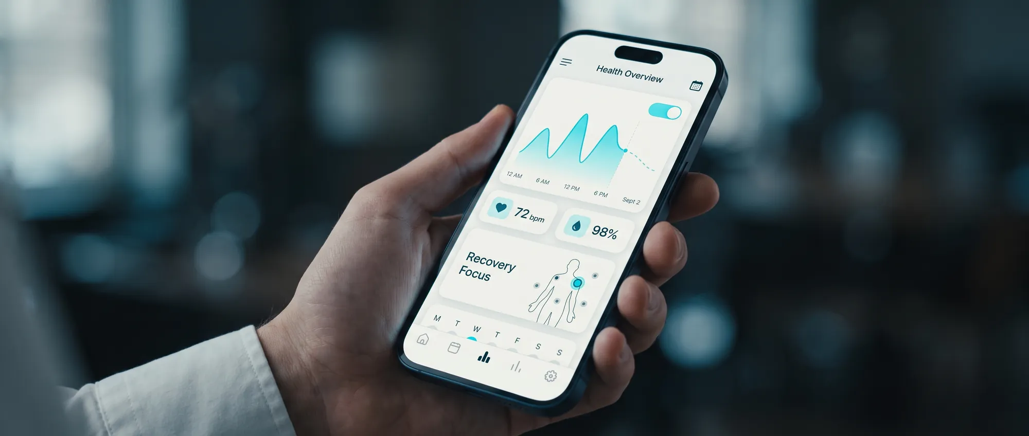 A hand holding a phone showing the Zenday health dashboard