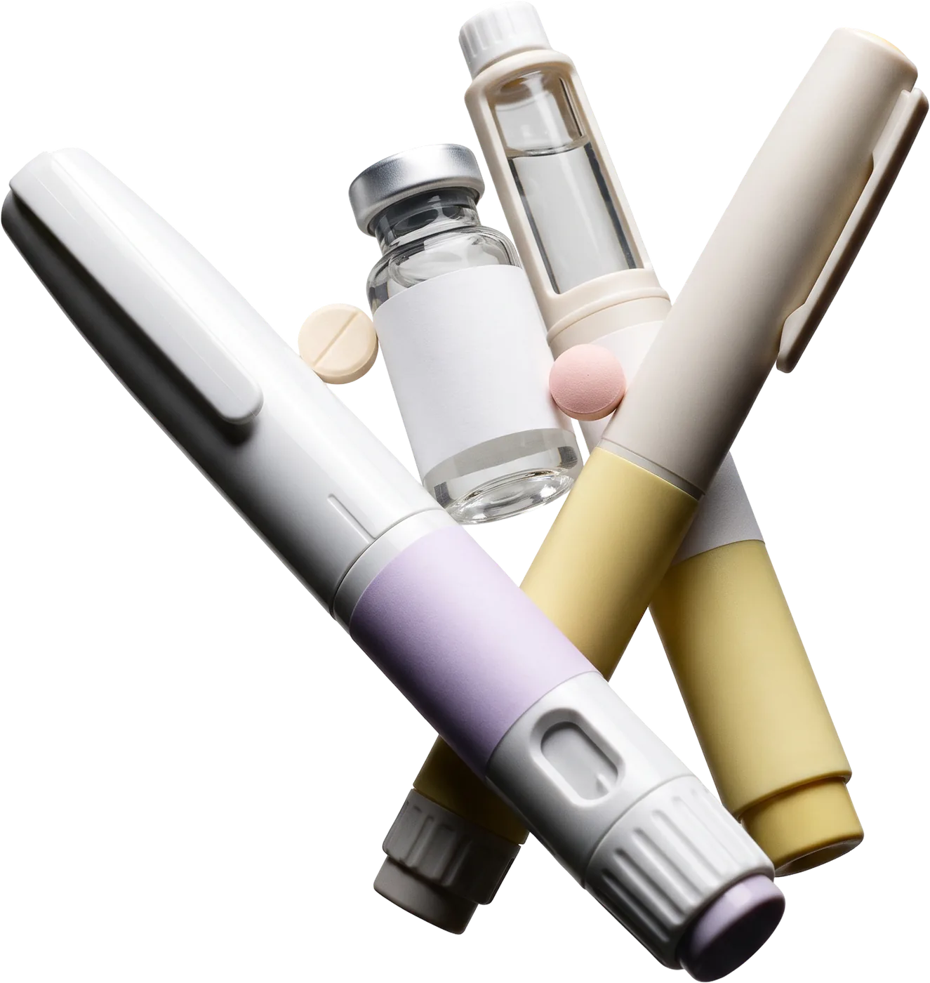 GLP-1 injector pens, a vial and tablets